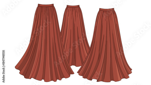 Elegant Terracotta Pleated Maxi Skirts Displayed as Fashion Illustrations for Apparel Design Inspiration