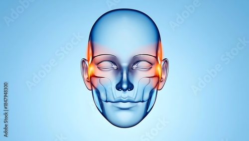 Translucent 3D Facial Anatomy With Glowing Nerve Hotspots on Cool Blue Gradient