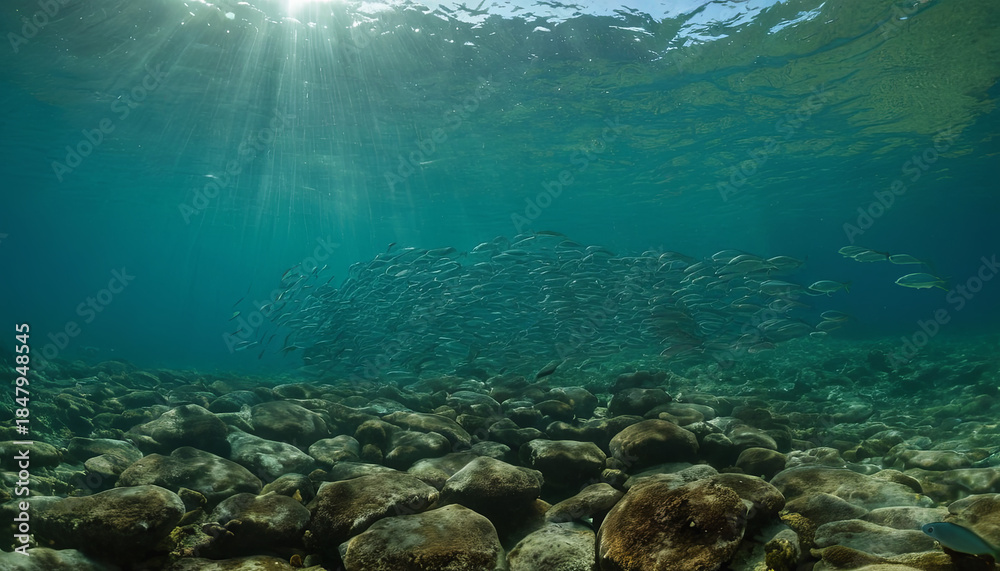 Fototapeta premium Underwater scene shows fish swimming near rocky ocean floor with sunlight shining through water