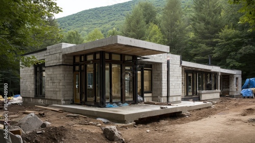 Modern house framework taking shape amidst a lush green forest, showcasing sustainable architecture principles with concrete and cinder block construction in a natural environment