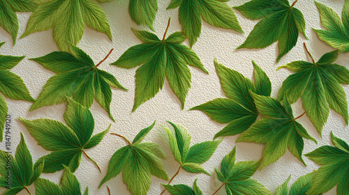 A collection of vibrant green maple leaves scattered. Each leaf showcases intricate details, capturing nature's artistry. The arrangement is visually pleasing