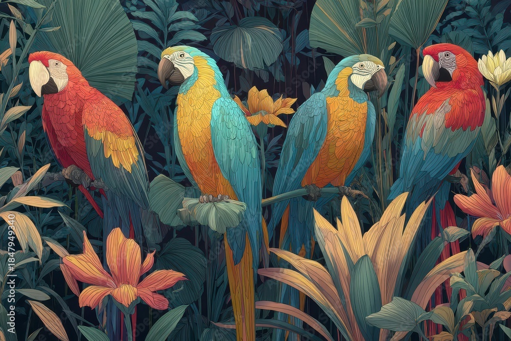 Fototapeta premium Vibrant Jungle Scene with Colorful Parrots and Lush Tropical Flora