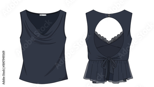 Stylish Dark Blue Sleeveless Top Featuring a Drape Neckline and a Unique Open Back Detail with Lace Trim and a Tie Accent