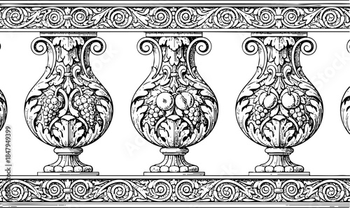 Seamless pattern of antique stone balustrade with ornate urns