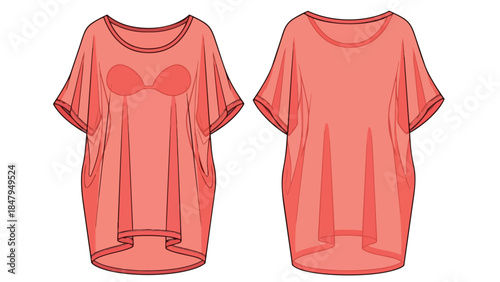 Fashionable coral pink relaxed fit kaftan top design for women with a subtle bra overlay detail front and back view illustration
