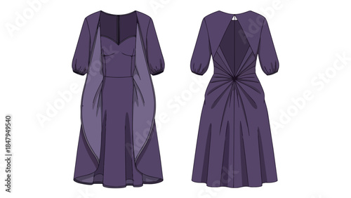 Elegant Plum Colored Floor-Length Evening Gown with a Draped Overlay and Open Back Detail Design