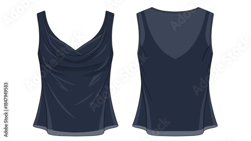 Elegant Sleeveless Navy Blue Drape Neck Top Front and Back Flat Fashion Sketch Illustration