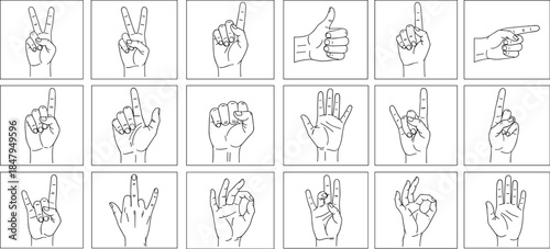 American Sign Language Hand Gesture Grid Featuring Diverse Finger Positions and Orientations for Non-Verbal Communication and Symbol Recognition