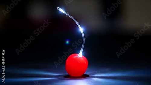 A glowing red sphere with a light filament stands out against a dark background, creating an intriguing focal point