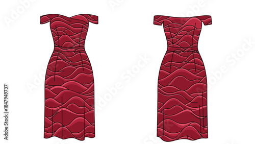 Elegant off-shoulder midi dress design featuring a unique ripple pattern in a striking crimson hue