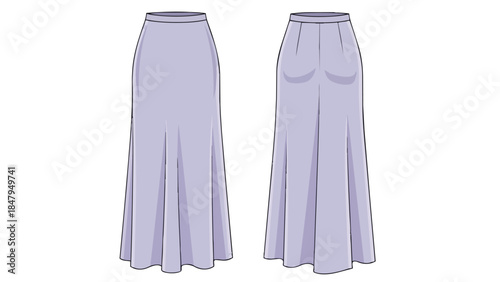 Elegant Flared Maxi Skirt Flat Design Technical Illustration Showing Front and Back Views