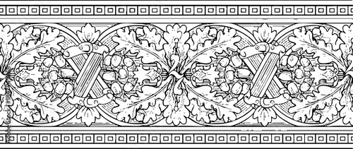 Vintage Engraving Border with Grapes and Oak Leaves Ornament
