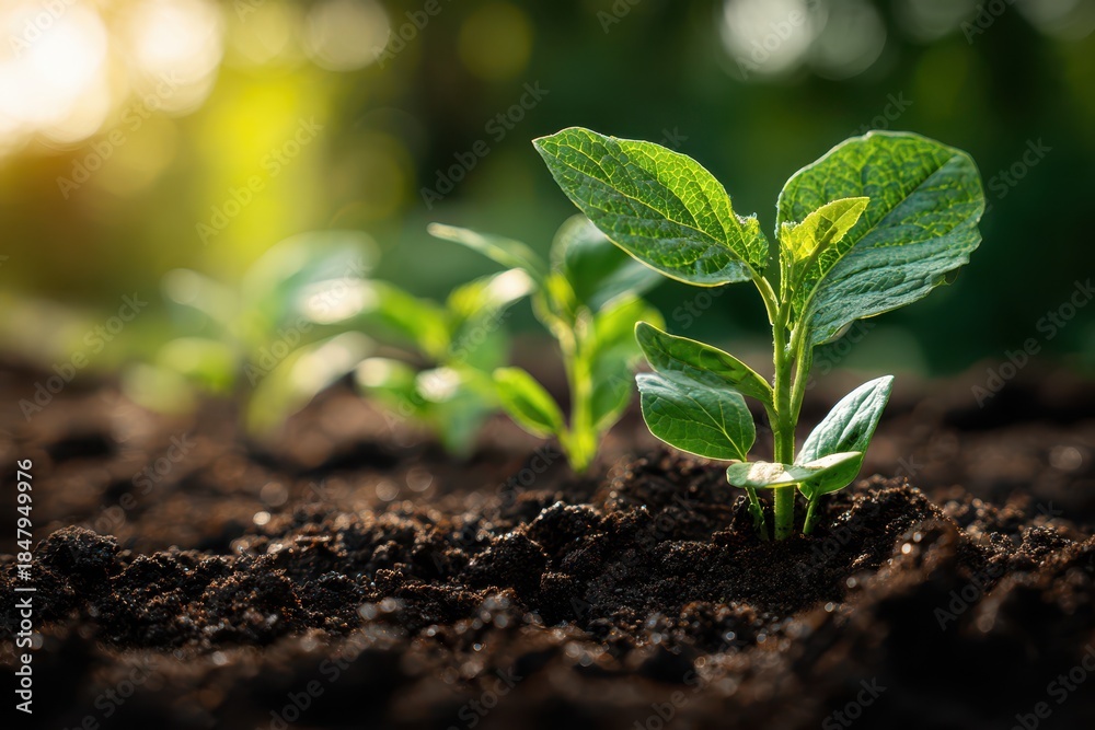 Fototapeta premium Nurtured Sprout: A Sapling Thriving in Sunlight, Symbolizing Organic Growth in Agriculture and Ecology