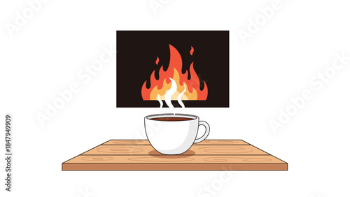 Warm beverage sits on a wooden surface with a cozy fireplace in the background, creating a relaxing atmosphere.