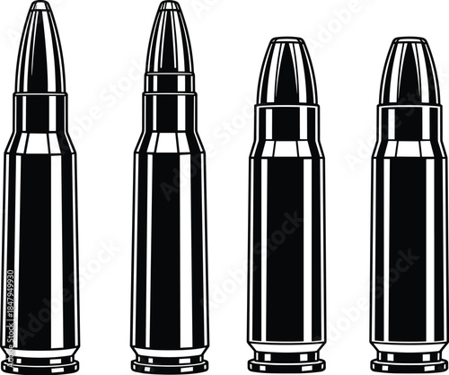 Black-and-White Rifle Cartridge Illustration Featuring Four Distinct Ammunition Types with Detailed Shading and Cylindrical Metallic Form Design