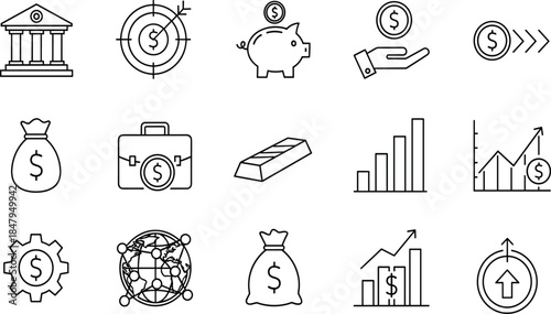 Finance and investment line icons set illustrating banking, savings, money growth, wealth management, financial analysis, profits, business strategy, economy trends
