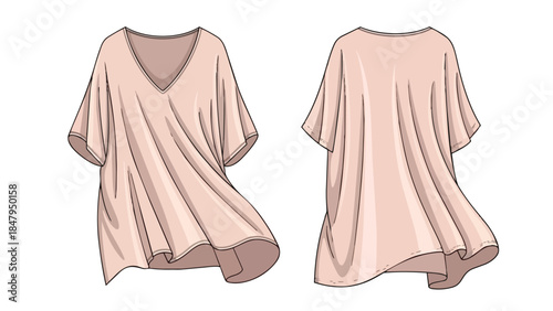 Fashion illustration front and back view of a flowing blush pink v-neck dolman sleeve tunic top with dramatic drape and soft pleats