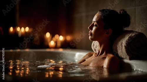 A woman relaxes in a warm, bubbly tub with candles in the background
