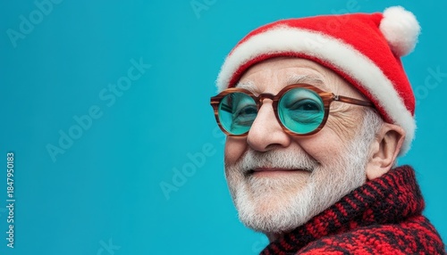 Cheerful elderly man wearing festive headwear and modern eyeglasses smiles against a bright background