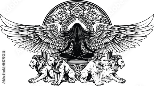 Detailed mystical artwork of winged meditative figure with four lions featuring ornate decorative patterns, spiritual symbolism, fantasy illustration and divine protection concept