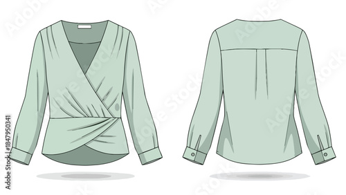 Elegant Pastel Green Women's Wrap Blouse Fashion Flat Design with Detailed Front and Back Views