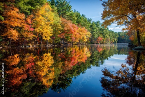 Vibrant Autumn Reflections: Colorful Foliage and Tranquil Water in a New England Duck Pond