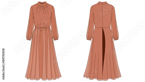 Fashion illustration showcasing a long-sleeved, high-necked modest dress with a flowing pleated skirt presented from front and back views