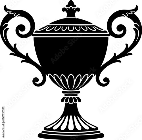 Ornate antique trophy cup silhouette isolated vector illustration.