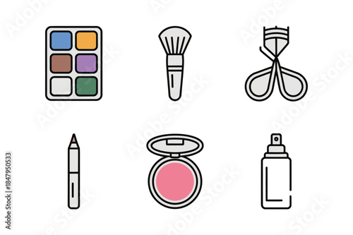 A collection of six flat line art icons representing essential beauty products and makeup tools