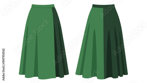 Elegant Green A-line Skirts Presented in a Flat Vector Illustration with Subtle Shadowing for Depth