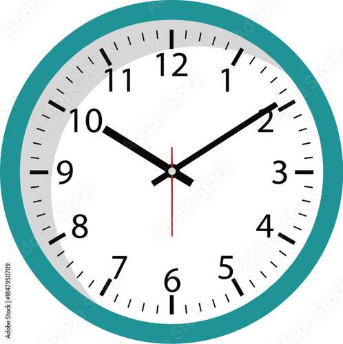 Teal-Framed Analog Clock Showing 10.10.30 with Black Hour and Minute Hands, Red Second Hand, and White Face Design