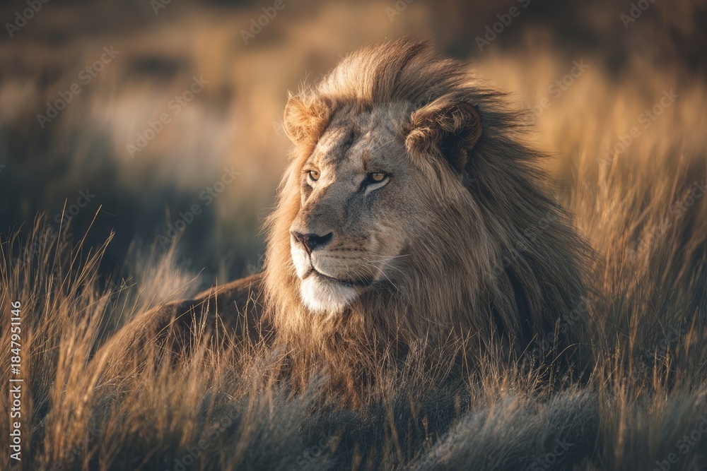 Obraz premium Majestic lion in golden savanna