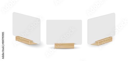 Card table menu holder stand mockup. Paper flyer mock up template. Event promotion wooden frame. Restaurant label. Vector