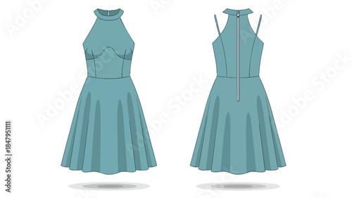 Stylish teal halter neck flared dress with zipper detail shown front and back on white background