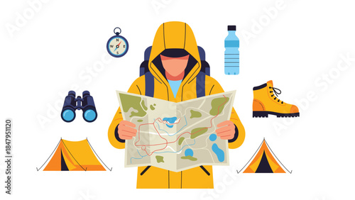 Hiker intently studies a detailed topographic map while surrounded by essential camping and exploration gear.