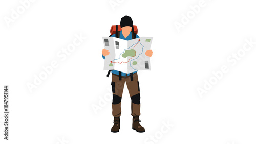 A hiker carefully studies a detailed map while wearing a backpack and outdoor gear, preparing for an adventurous journey.