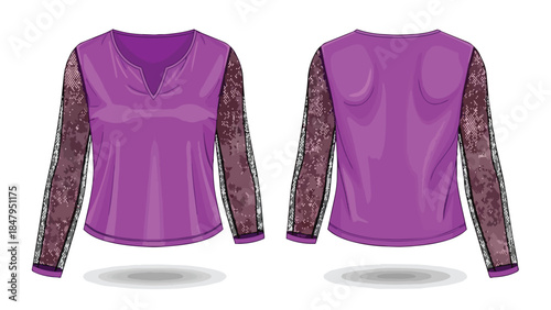 Elegant purple long-sleeved top featuring shimmering sequined sleeves for a touch of glamour and sophistication