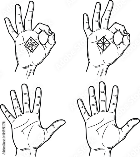 Set of hand gestures, vector illustration of ok sign with diamond symbols and open palms, black and white sketch style isolated on white background.