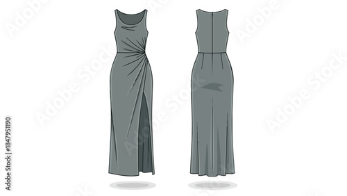 Fashion illustration of a draped grey evening gown with a high slit showcasing front and back views of elegant design