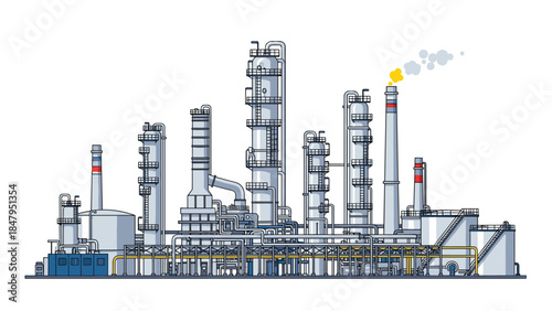 Industrial complex with multiple towers and connecting pipes represents energy production and chemical processing facilities.