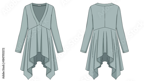 Fashionable long-sleeved tunic with a cascading asymmetrical hemline and plunging neckline detailed with elegant pleats creating a dynamic