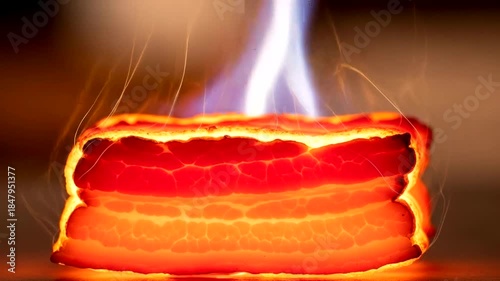 A vibrant piece of bacon sizzling on a grill, with smoke rising in a cozy kitchen setting