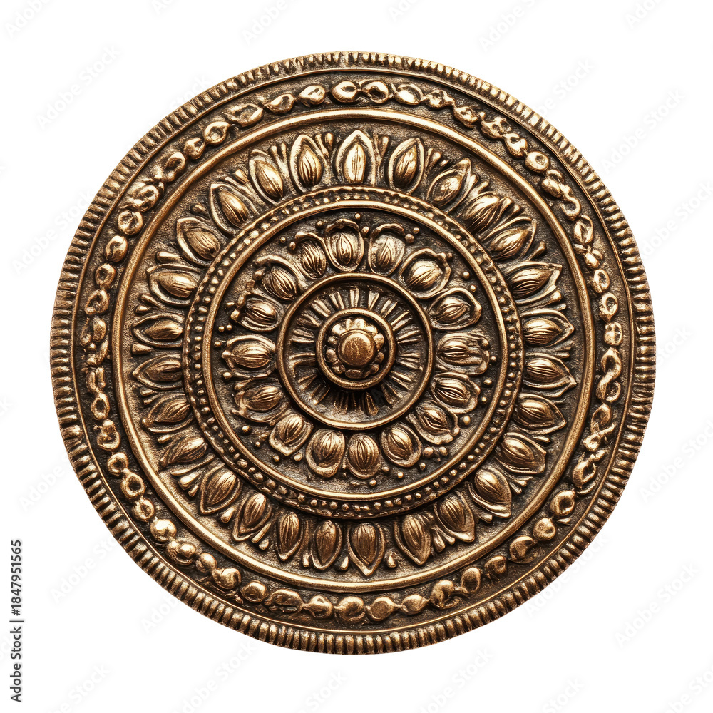 Fototapeta premium Bronze Medallion Circular Design with Floral Ornaments and Textured Surface on Transparent Background