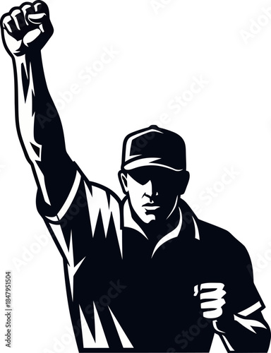 Sports Umpire or Referee Signaling Victory Success or a Foul Call with Raised Fist and Arm in Black and White Vector Illustration baseball
