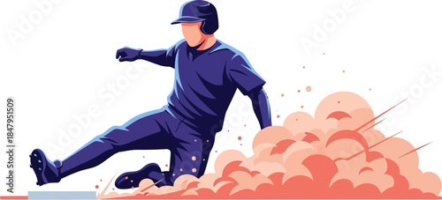 Baseball Player Sliding Safely to Base with Dust Cloud Dynamic Action Illustration baseball