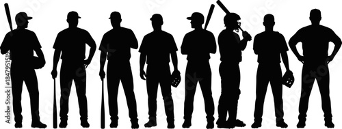 Silhouette Baseball Team Lineup with Bats and Gloves Sports Group Illustration baseball