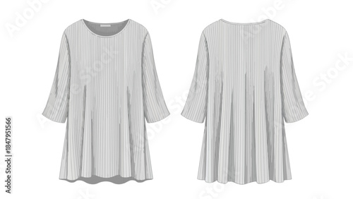Elegant pleated A-line tunic presented from front and back views isolated on white