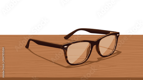 Stylish tortoiseshell eyeglasses rest on a wooden surface, offering a classic and intellectual aesthetic for various visual projects.