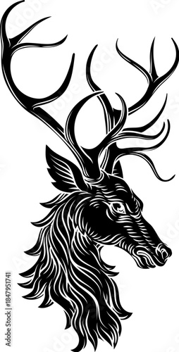 A heraldry coat of arms crest style heraldic male deer or stag hart in a vintage woodcut style