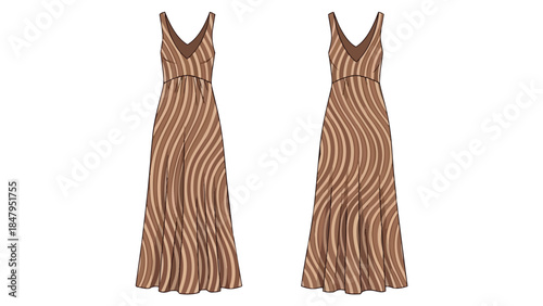 Elegant long v-neck maxi dress illustration with flowing brown and beige wavy stripes for a stylish summer outfit design concept